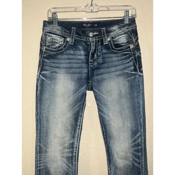 Miss Me Bootcut Jeans Women's 26 Low Rise Rhinestone Pocket Stretch Denim - Picture 2 of 6